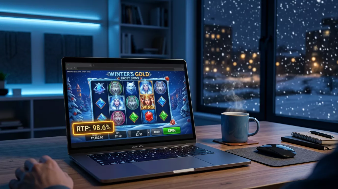 Laptop deschis la o pagină de slot online cu valoarea RTP afișată în descrierea jocului